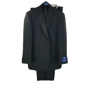 E.J. Samuel Men's Black 2 Piece Tuxedo Suit Satin Trim Pleated Front Pants